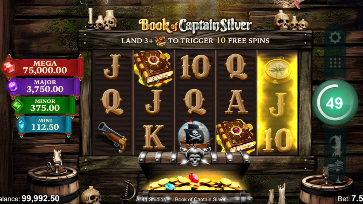 Title screen for Book of Captain Silver Slots Game