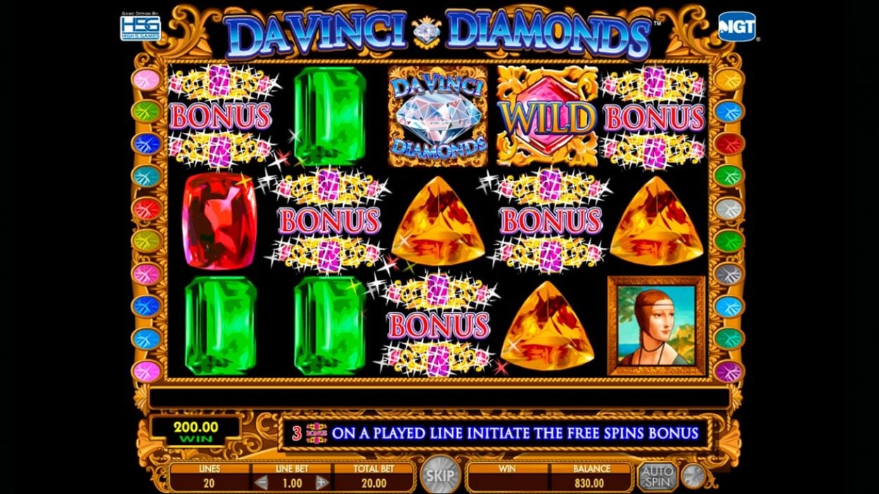 Title screen for Da Vinci Diamonds slot game