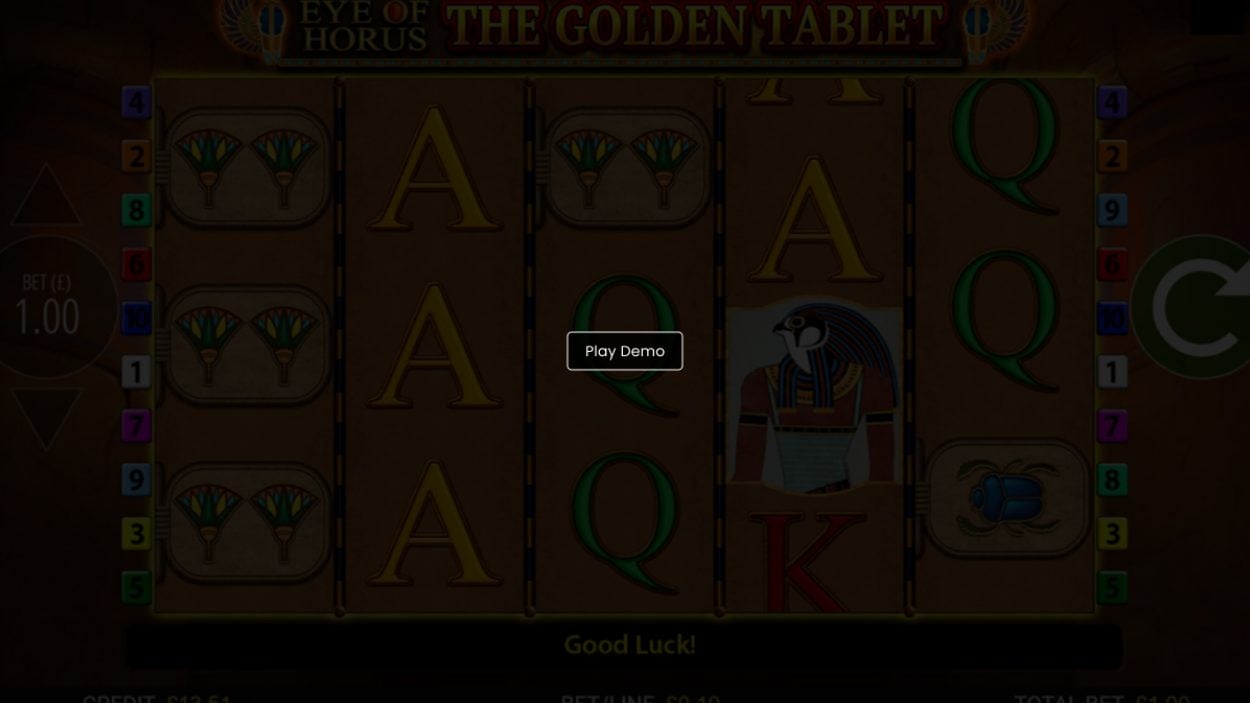Title screen for Eye of Horus: The Golden Tablet slot game