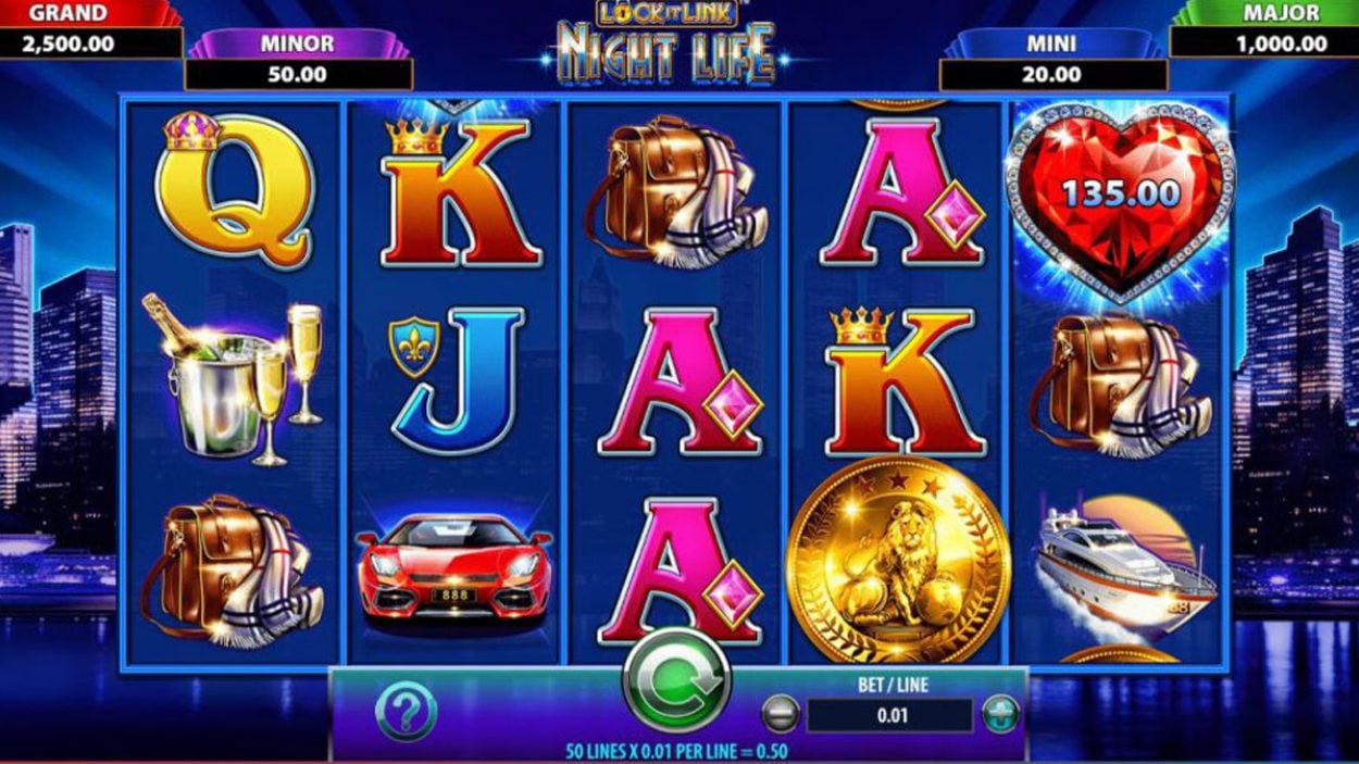 Title screen for Lock It Link Night Life Slots Game