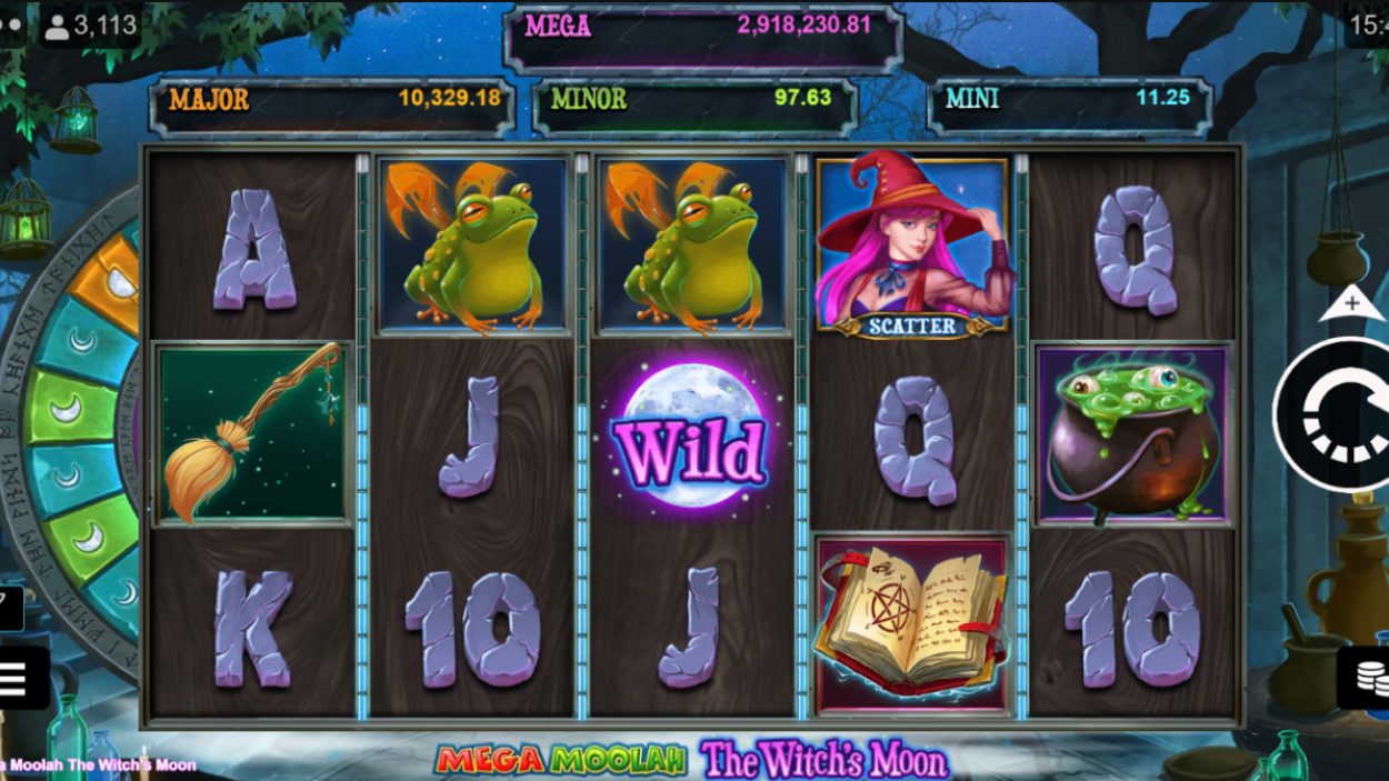 Title screen for Mega Moolah: The Witch's Moon slot game