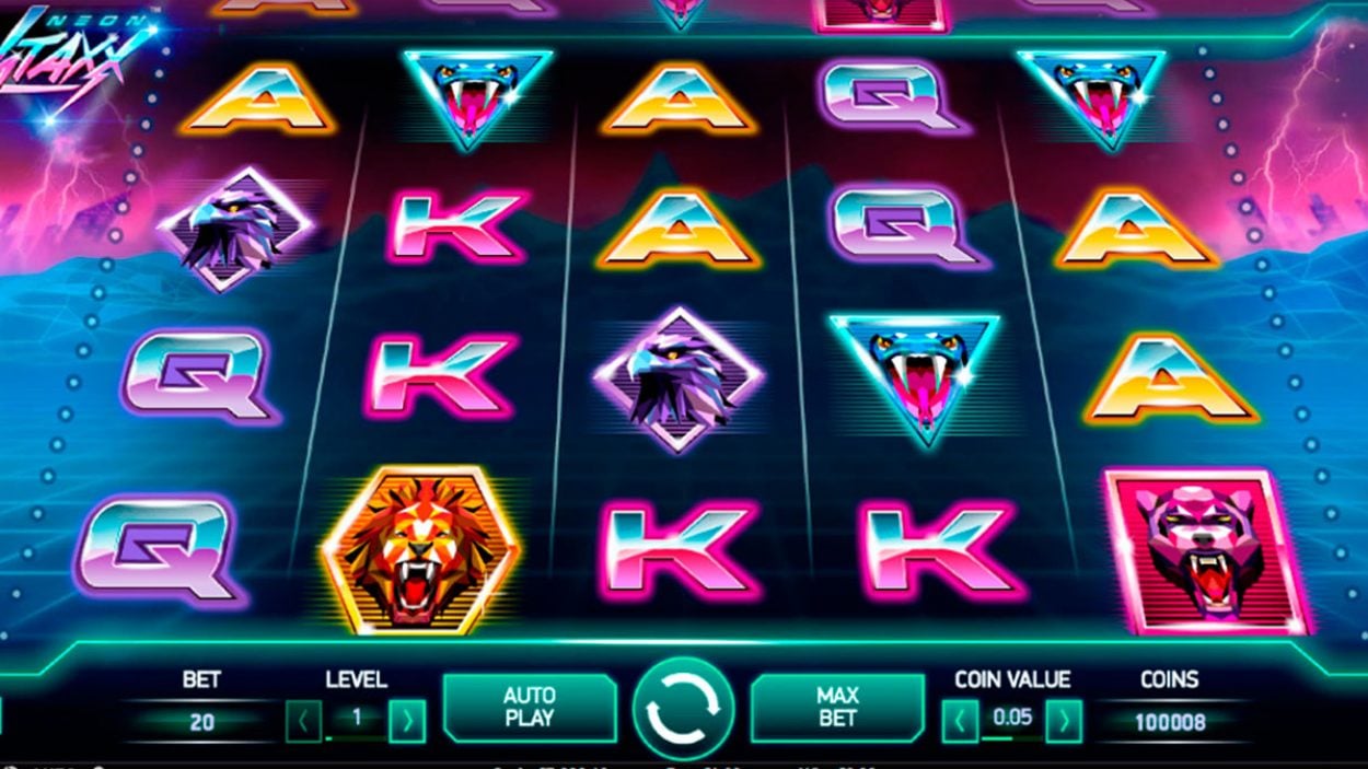Title screen for Neon Staxx Slots Game