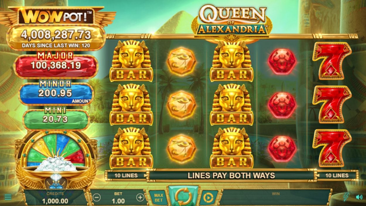 Title screen for Queen of Alexandria WOWPOT slot game