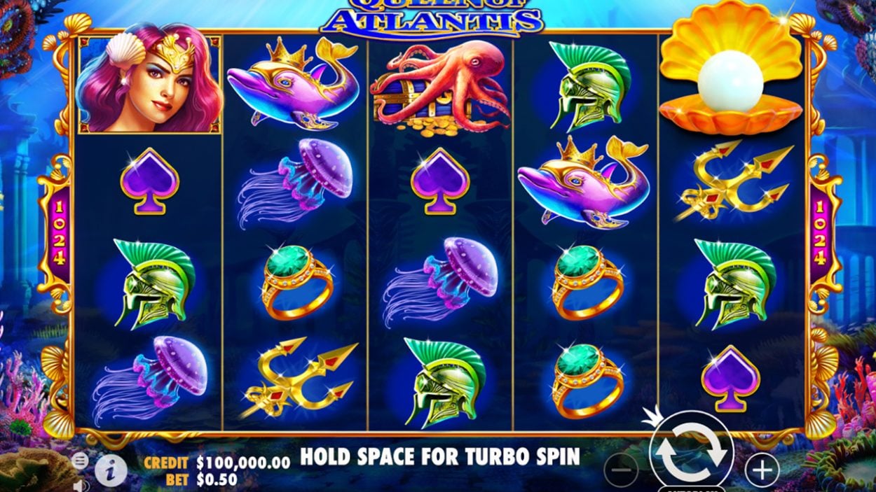 Title screen for Queen of Atlantis slot game