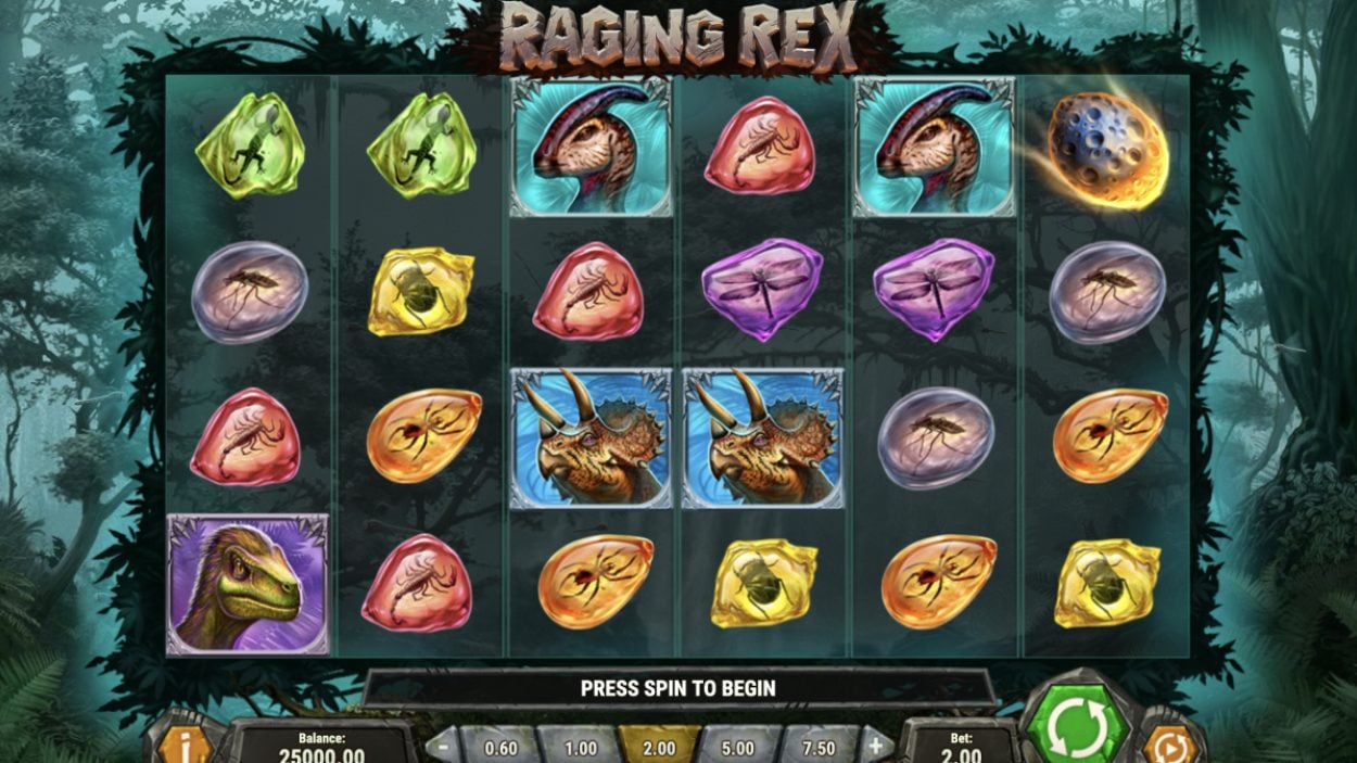 Title screen for Raging Rex 2 slot game