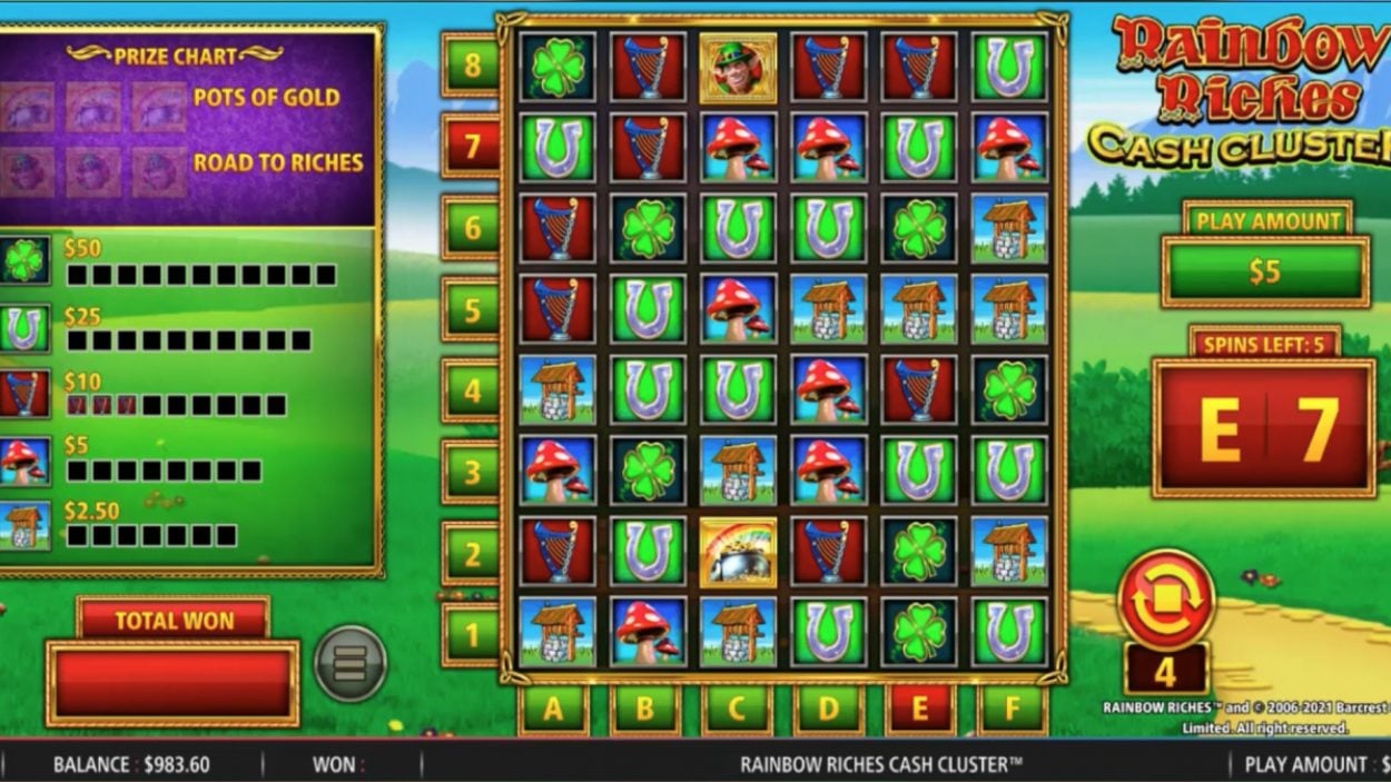 Title screen for Rainbow Riches Cash Cluster slot game