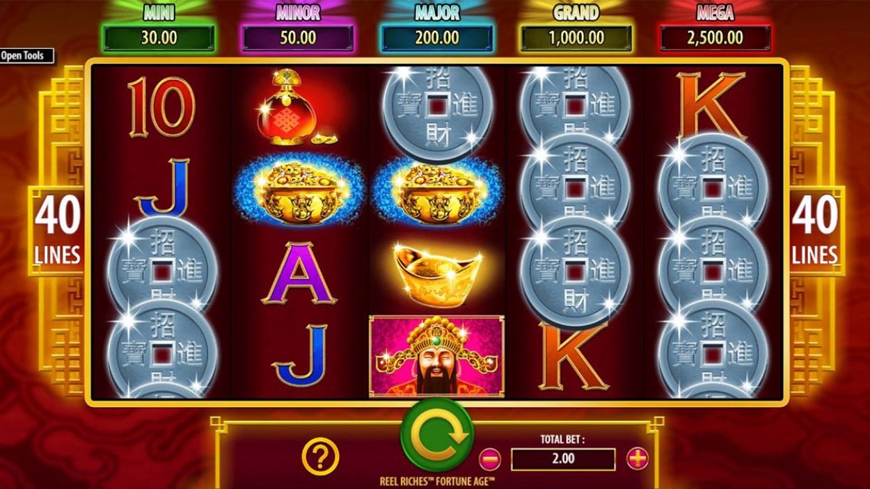 Title screen for Reel Riches Fortune Age Slots Game
