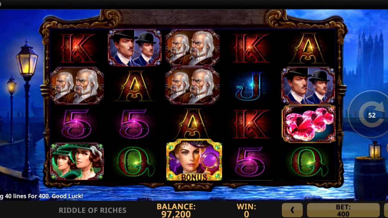 Title screen for Riddle of Riches slot game