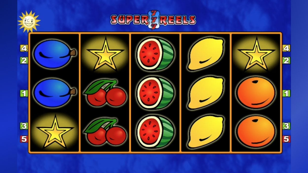 Title screen for Super 7 Reels slot game