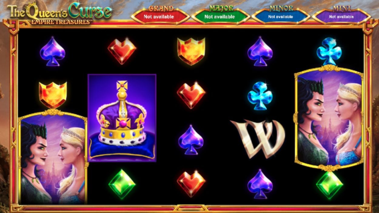 Title screen for The Queen’s Curse: Empire Treasures slot game