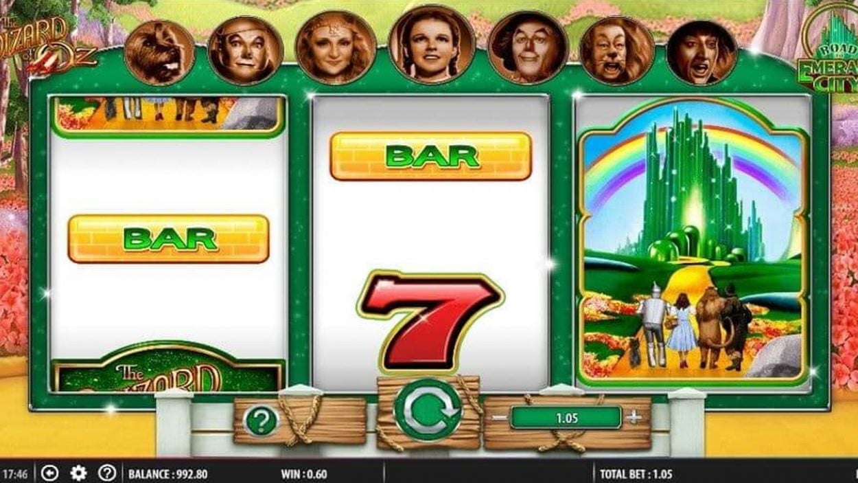 Title screen for Wizard Of Oz Road To Emerald City Slots Game
