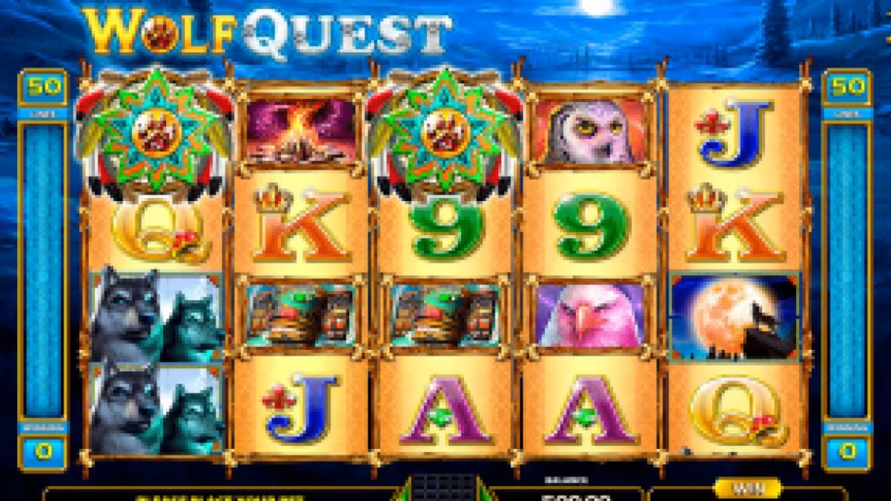 Title screen for Wolf Quest Slots Game