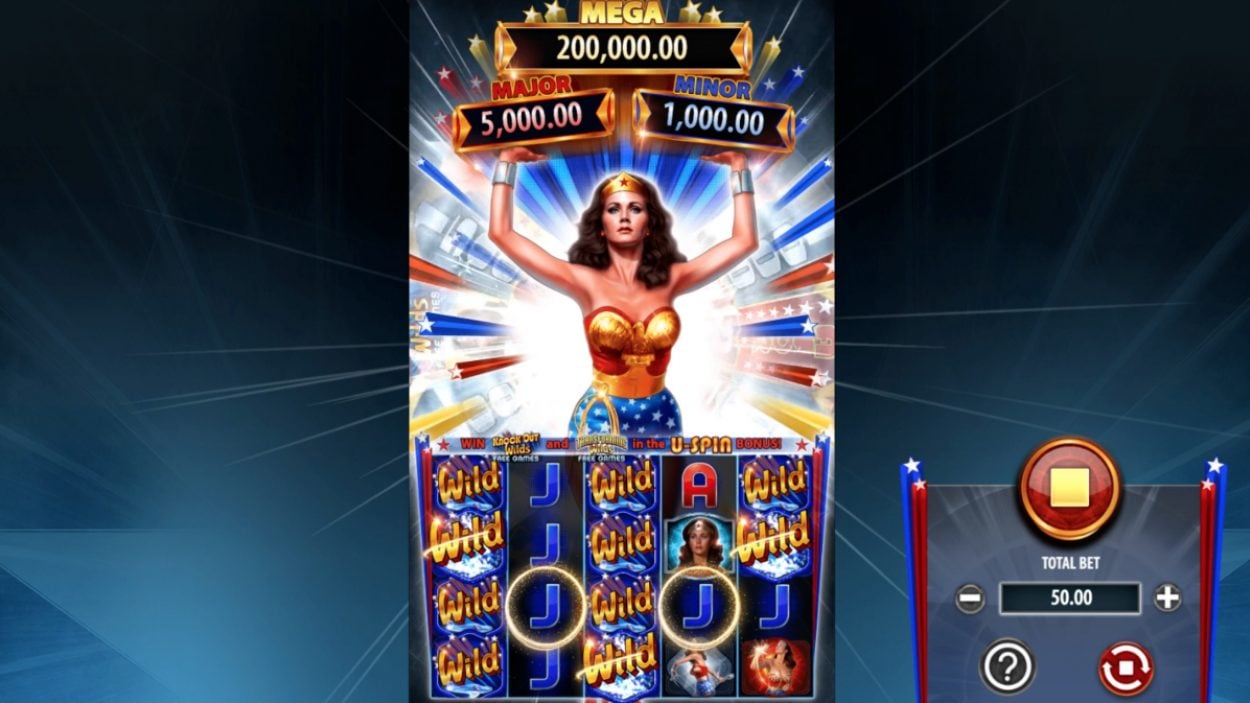 Title screen for Wonder Woman Bullets and Bracelets slot game