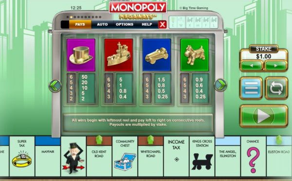 Monopoly megaways paytable