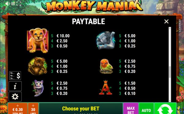 Monkey Mania paytable