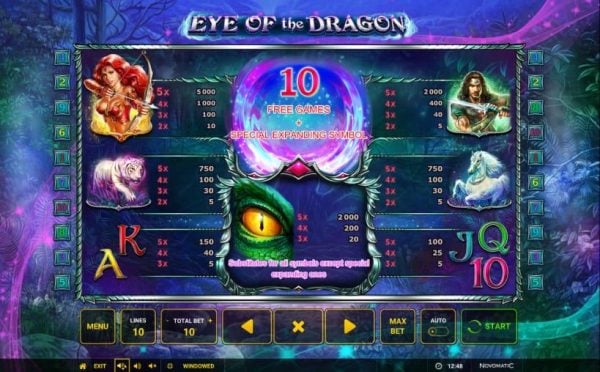 Eye of the Dragon paytable