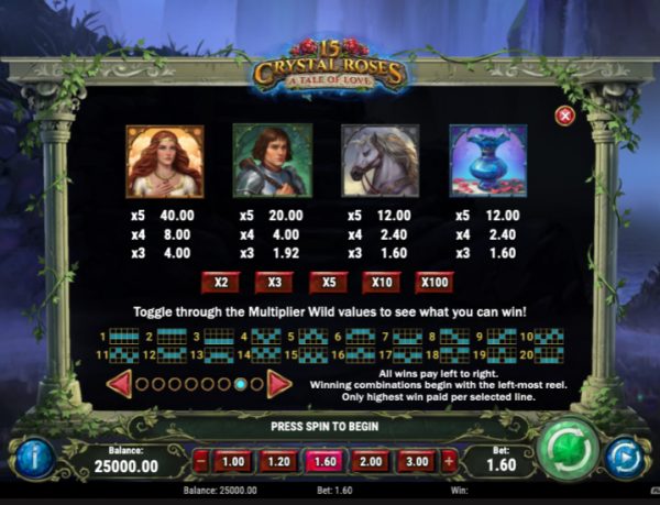 15 Crystal Roses: A Tale of Love slot paytable